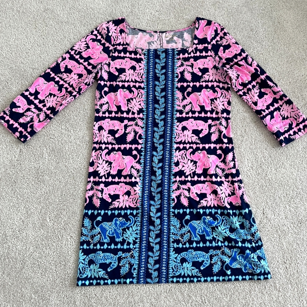 NWOT Lilly Pulitzer Pink & Navy Elephant Print Longsleeve Dress - Size Medium